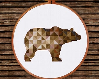 Brown Geometric Bear cross stitch pattern| Modern triangle counted chart| Nursery baby animal wooden cabin house nature mountain room decor