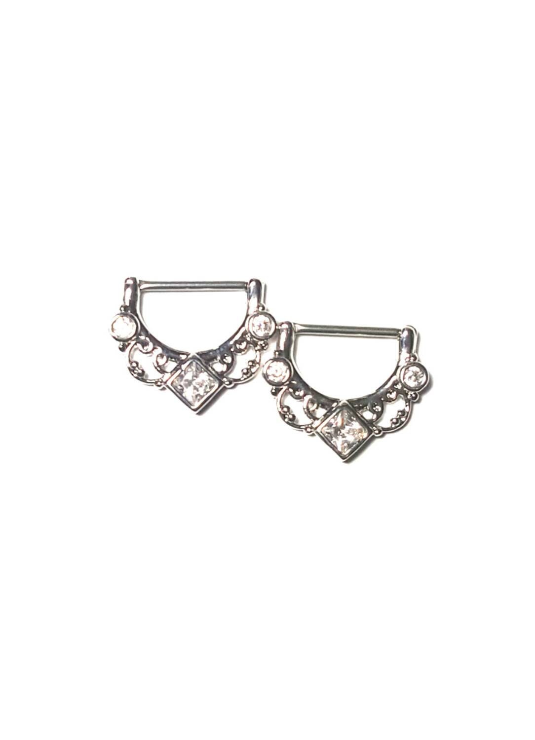 Silver Victorian Filigree CZ Nipple Ring Piercing Bar Barbell