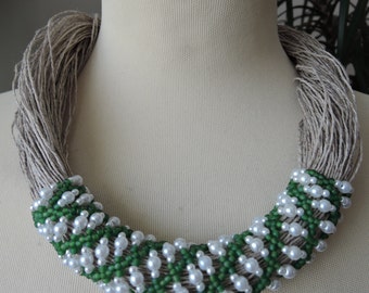 Linen green white openwork beaded rope necklace