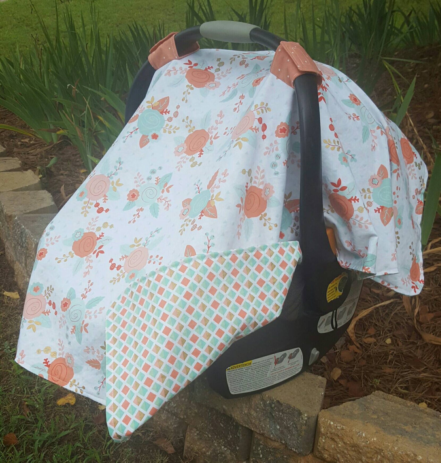 Mint and coral Carseat canopy carseat cover chic baby girl