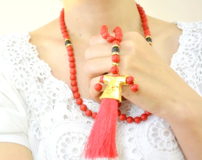 Caftan islamic rosary necklace, kaftan tassel red gestone beads, tasbeh, masbahah, imame, tesbih red tasbeh subhah tespih praying 99 beads
