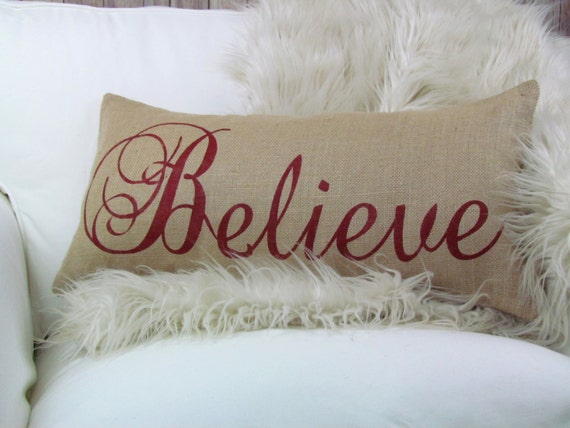 Burlap Pillow Believe Christmas Pillow, Holiday Decor, Christmas Decor, Holiday Pillow