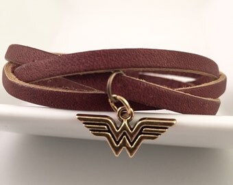 Wonder Woman Bracelet, Superhero leather bracelet, Triple braided leather bracelet, Sienna Brown leather Mom's Charm Bracelet