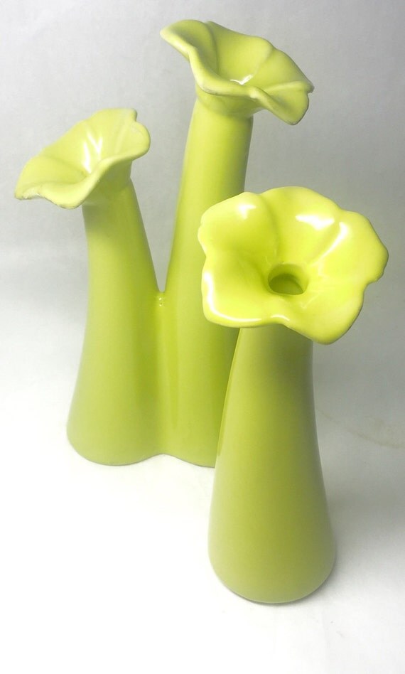 vintage flower stem shaped vase set of three lime green