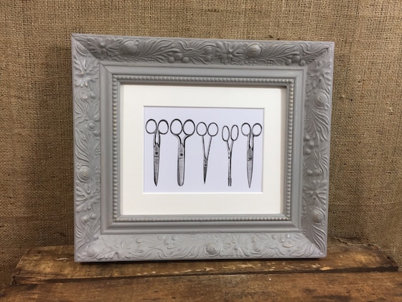 GREY FRAMED Mounted 8x10 Antique Scissor Image / Vintage Craft Scissors Print / Hairdresser / Barber / Seamstress / Tailor / Craft Gift Idea