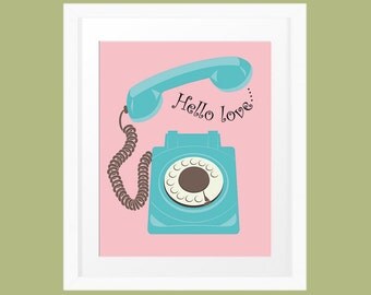 Hello Love Retro Telephone vector art print in pink and aqua. Printable wall art INSTANT DOWNLOAD