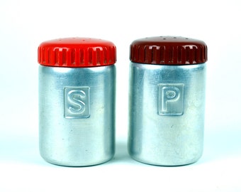Metal Salt & Pepper Shakers Vintage Mid-Century Red Top Brushed Steel Kitchen Food Cooking Foodie Serving Repurpose Antique Retro Silver MCM