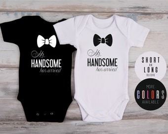Newborn Photo Prop, Newborn Boy Coming Home Outfit, Mr. HANDSOME HAS ARRIVED Baby Boy Bodysuit, Newborn Boy Props, More Colors Available