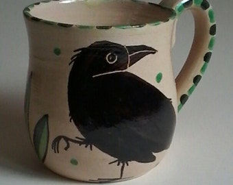 Mugs, crow mug, corvid, raven mug, dancingharepottery, home and living, kitchen and dining, folk art, cottage chic, handmade pottery, bird