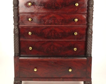 Antique 19th c Empire tall chest of drawers carved hairy paw feet mahogany dresser