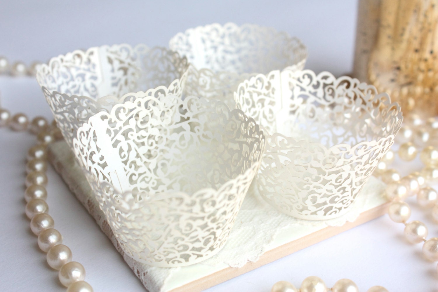 White Lace Filigree MINI Cupcake Wrappers Shimmer by ReignandRose
