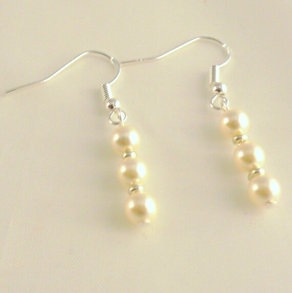 Pearl Drop Earrings Pearl Dangle Earrings Three Pearl 