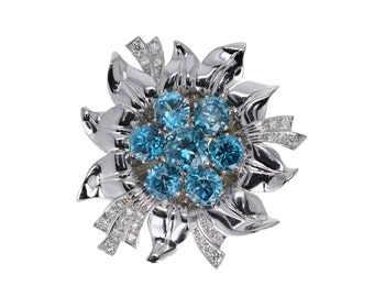 Vintage Retro Blue Zircon & Diamond Brooch in Platinum