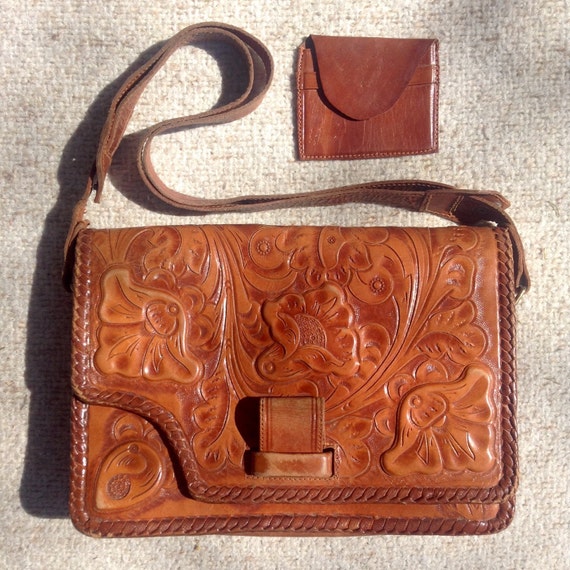 Vintage hand tooled leather saddle bag