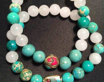 Acai Seeds. Ocean Jasper, White Quartz, Tibetan Beads, Womens' Bracelets. 8-10mm Seeds, Stones and Tibetan Beads, Womens' Bracelets cm