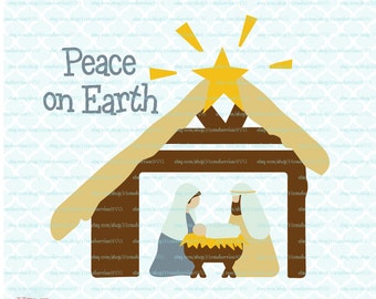 Peace on Earth Nativity Primitive Country Christmas Stable Christ in a Manger svg dxf eps jpg ai files for Cricut Silhouette & others
