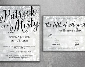 Affordable Black and Silver Wedding Invitation kit Printed, Wedding Invitations, RSVP, Lights, Sparkly, Glitter, Elegant, Modern, Classic