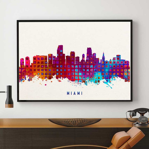 Miami Skyline Print Miami Art Miami Painting Miami Wall