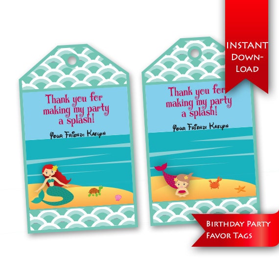 Mermaid Birthday Party Favor Tags Editable to add message