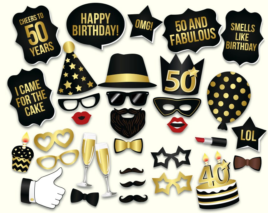 50th birthday photo booth props printable PDF. Black and gold