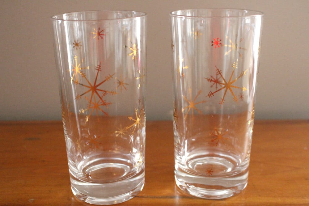 Vintage Atomic Gold Starburst Drinking Glasses Mid Century