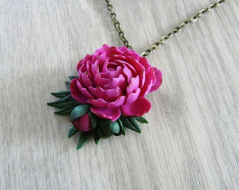 Peony necklace pendant handmade, polymer clay necklace, flower necklace, realistic flower necklace, pink flower, pink peony