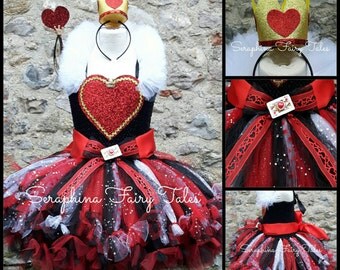 Queen of Hearts Tutu Dress. Lined Red, Black & White Hearts Gown With Collar. Handmade by Seraphina Fairy Tales. Short Length.