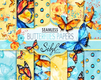 60% OFF SALE, Digital Watercolor Butterflies Paper Pack, Watercolor Seamless Pattern, Watercolor Butterfly Flowers, Hand Painted Paper