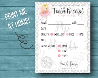 Printable Tooth Fairy Receipt- Instant Download PDF