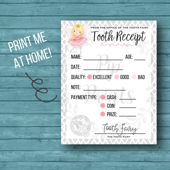Printable Tooth Fairy Receipt Instant Download PDF