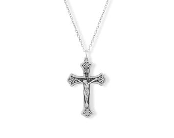 Sterling Silver Jesus Christ Crucifix Cross Pendant Necklace