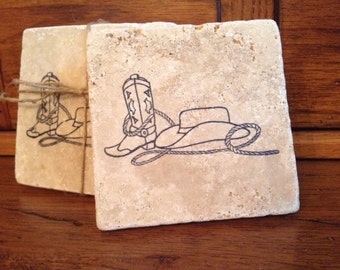 Coasters, Stone Coasters, Cowboy Gifts, Cowboy Boot, Farmhouse Decor, Country Coasters, Farm Coasters, Farm Gift Ideas, Cowboy Hat, Rustic