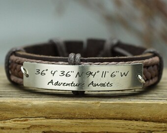 Custom Coordinates Bracelet, Adventure Awaits Jewelry, Custom Mens Leather Bracelet, Engraved Bracelet, Genuine Leather Cuff, Adventure Gift