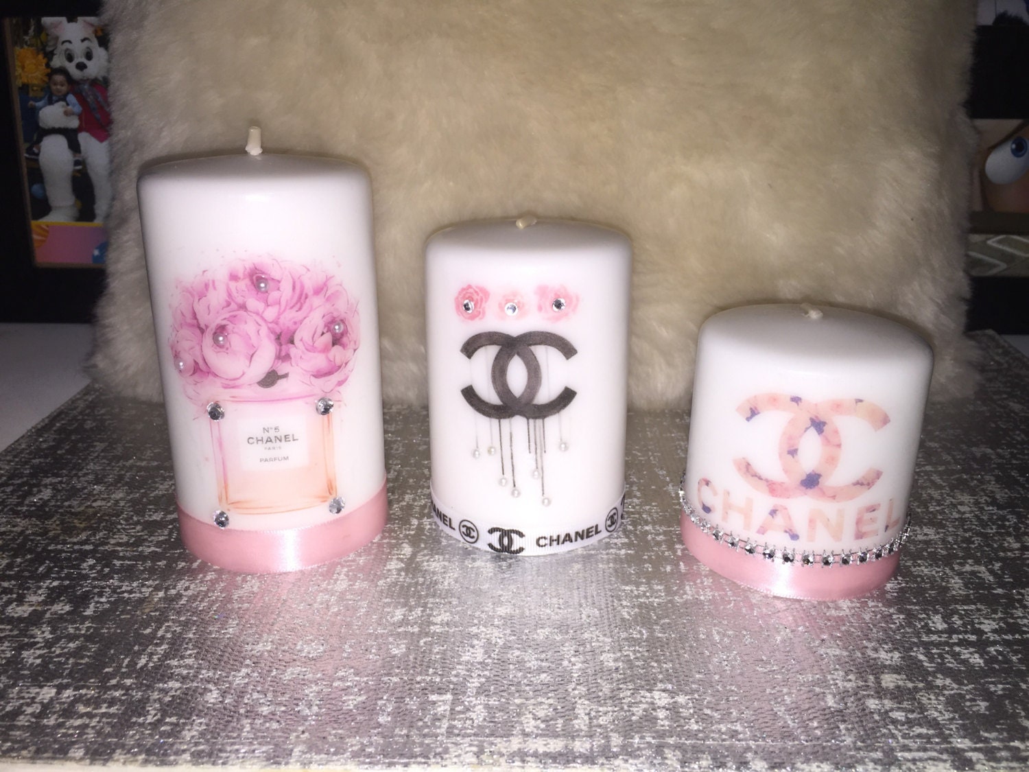 Chanel floral print design candles by MiasBoutique414 on Etsy