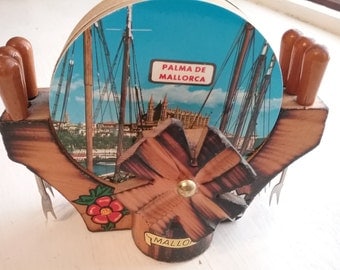 Vintage Coaster Set with Olive Forks, Set of 6 Tourist Kitsch, Mallorca Spain, 1980s? Wood Stand