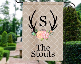 Personalized Garden Flag - Flower Antlers - Fall Garden Flag Monogrammed 12 by 18 Custom Yard Flag Best Selling Gifts For Her Home Decor