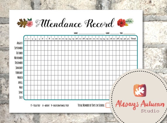 Printable Homeschool Attendance Record Undated August to