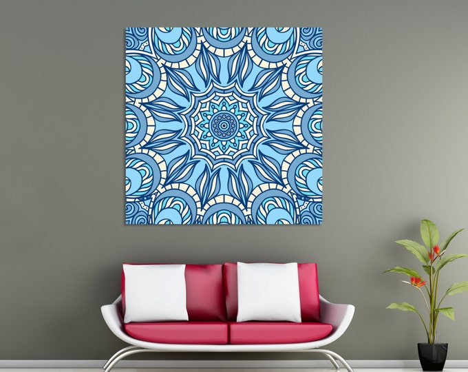 Blue mandala designs ornament wall art canvas / mandala print canvas/ Yoga wall decal art / Wall Decal Mandala / Reverse Mandala