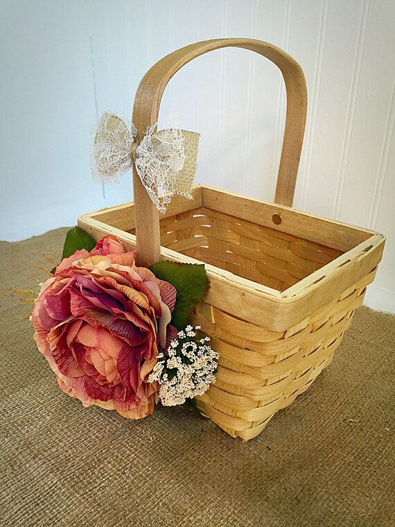 Fall Rustic flower girl basket blush burlap and lace