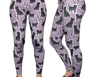 Cat Leggings Cat Print Silhouette Leggings Black Cat Kitty In Stock & MTO Print leggings Sz Xs-5XL