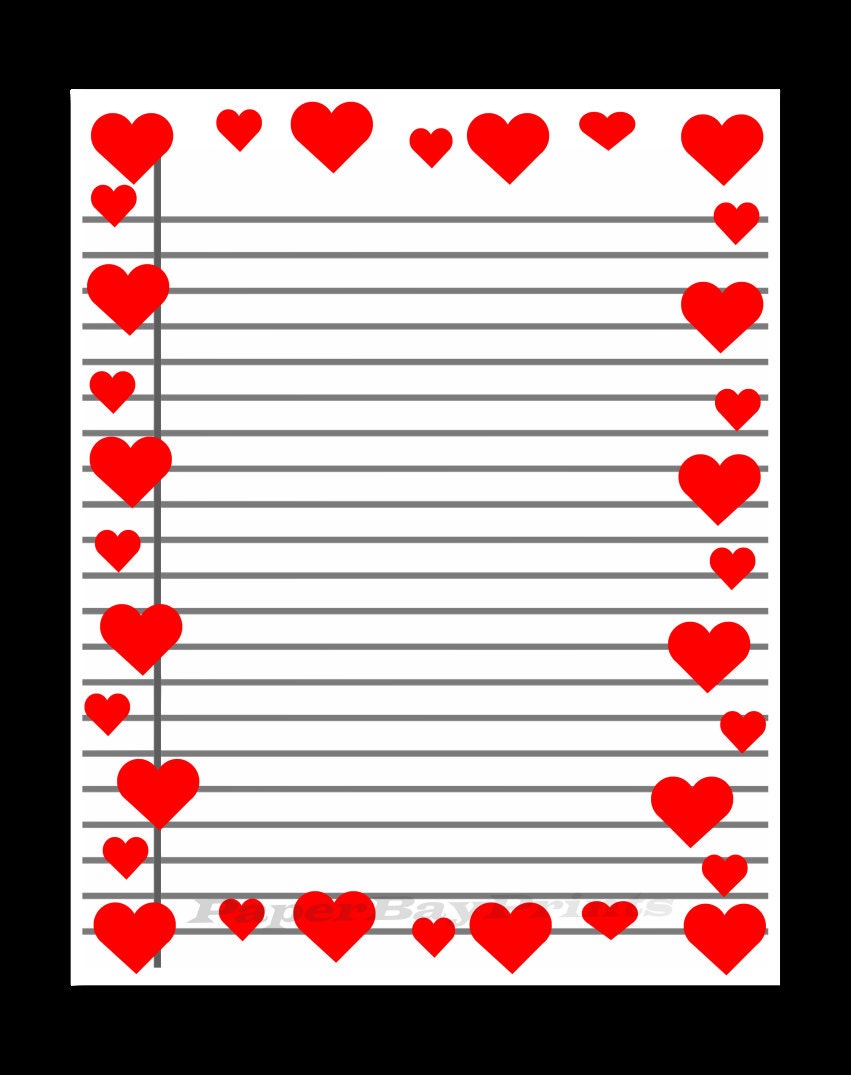 printable lined paper with heart border red hearts design