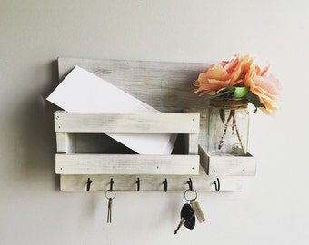 Mail Organizer (Flowers Included) , Distress White Key & Mail Holder, Rustic Organizer, Mason Jar Decor, Farmhouse Decor