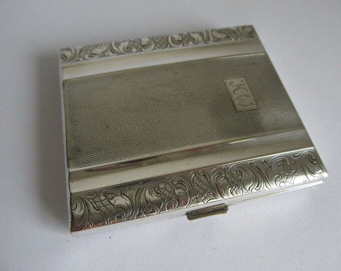 Alpacca business card case, silver plated cigarette case, German silver metal pocket storage box, hinged metal smoking case initialled K.W.