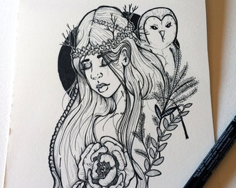 Original Art - Goddess Blodeuwedd - Inktober