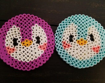 Perler Bead Penguins, Perler Bead Coasters, Cute Penguin Perler Bead, Coasters with Penguins, Blue and Purple Penguins, Room decor