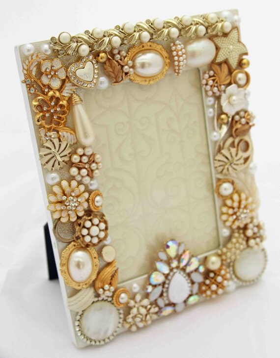 White and Gold Jeweled Picture Frame
