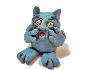 Polymer Clay Scared Blue Monster Crying Monster - Startled Blue Goblin Figurine