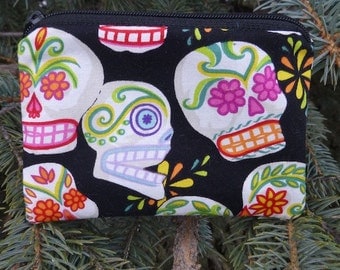 Sugar skulls coin purse, credit card pouch, stitch marker pouch, Day of the Dead, The Raven