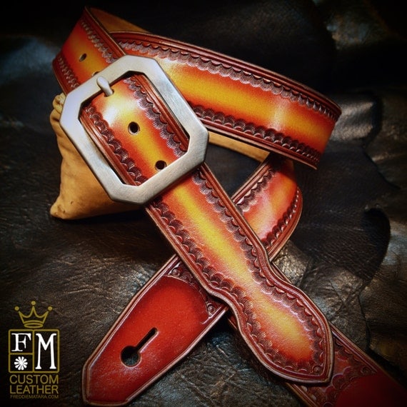 Red Leather guitar strap Cherry sunburst fade Hand tooled, Hand dyed Custom made for YOU in Brooklyn NY by Freddie Matara