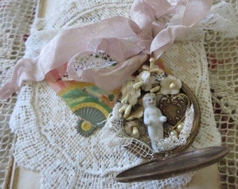 Antique Miniature Frozen Charlotte Doll Diorama Repurposed in Victorian Pocket Watch, with Millinery Flowers